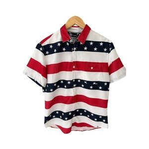 Free Planet Short Sleeve Patriotic Stars & Stripes Button Down Shirt NWT Size M